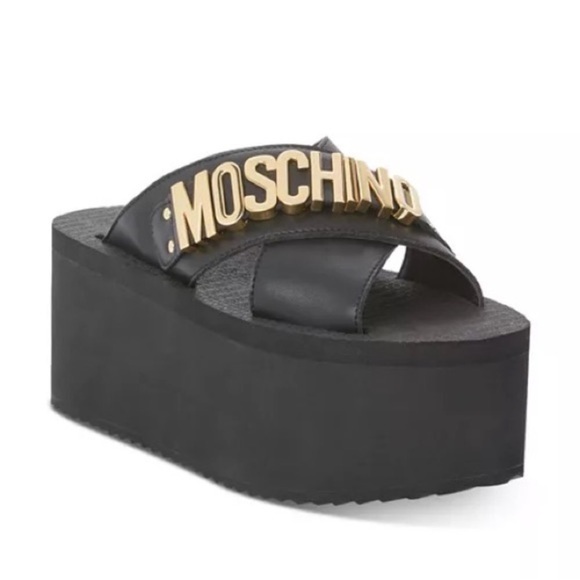 Moschino Shoes - Moschino Black Logo Slide Sandals Gold MOSCHINO Hardware Designer Platform Slide